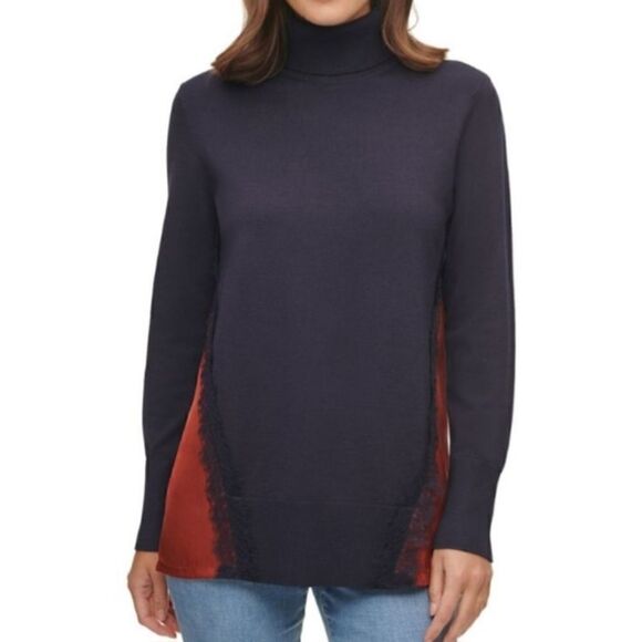 DKNY Women Mixed Media Side Sheer Turtleneck Long Sleeve Sweater Navy Russet L - Picture 1 of 14